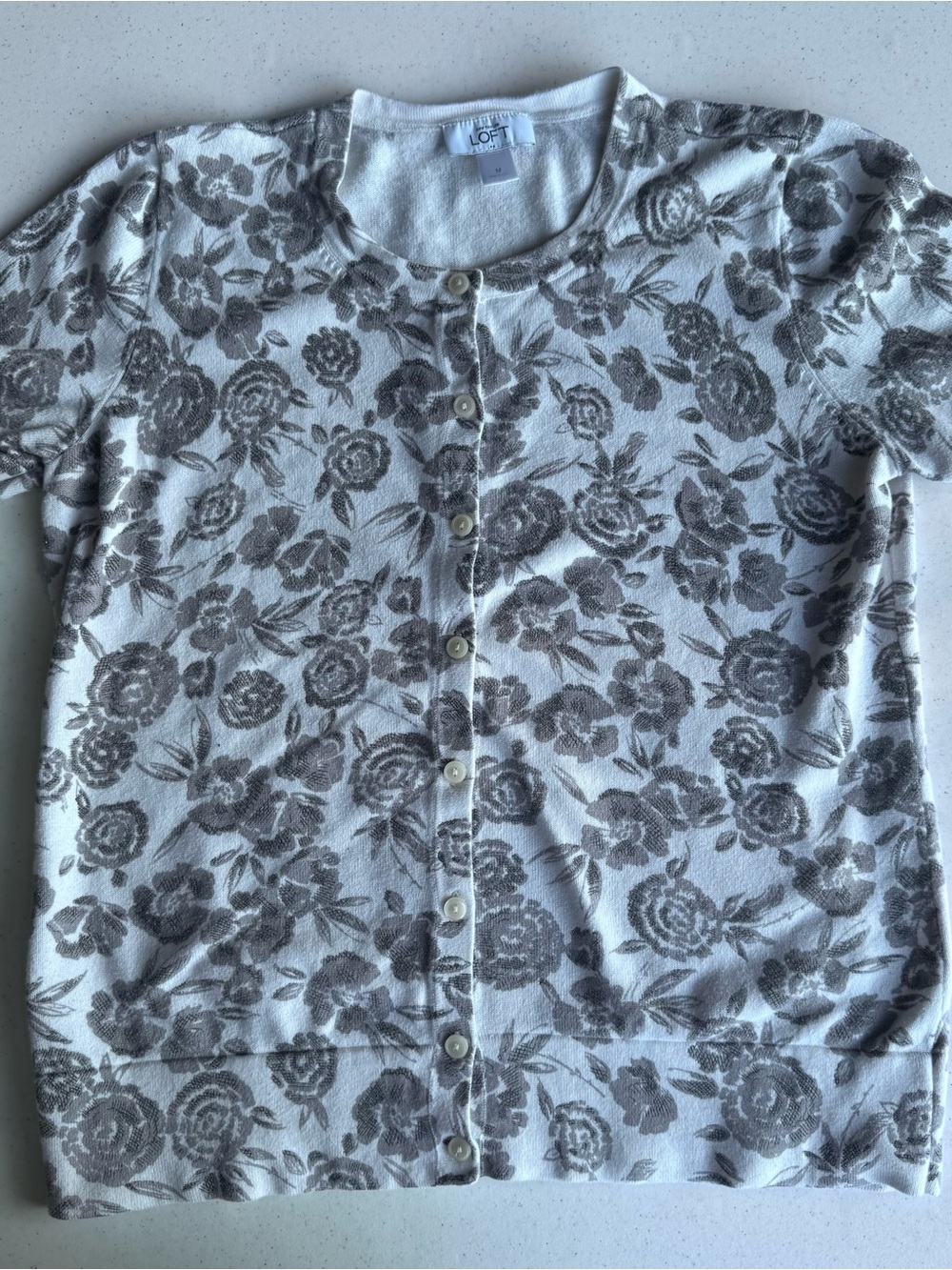 LOFT White Cardigan with Gray Floral Print